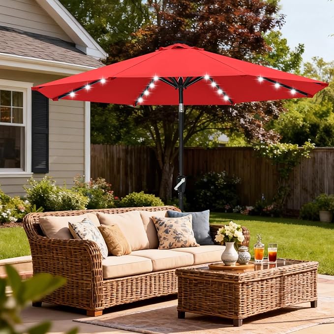 ABCCANOPY Durable Solar Led Patio Umbrellas with 32LED Lights 9FT (Red)