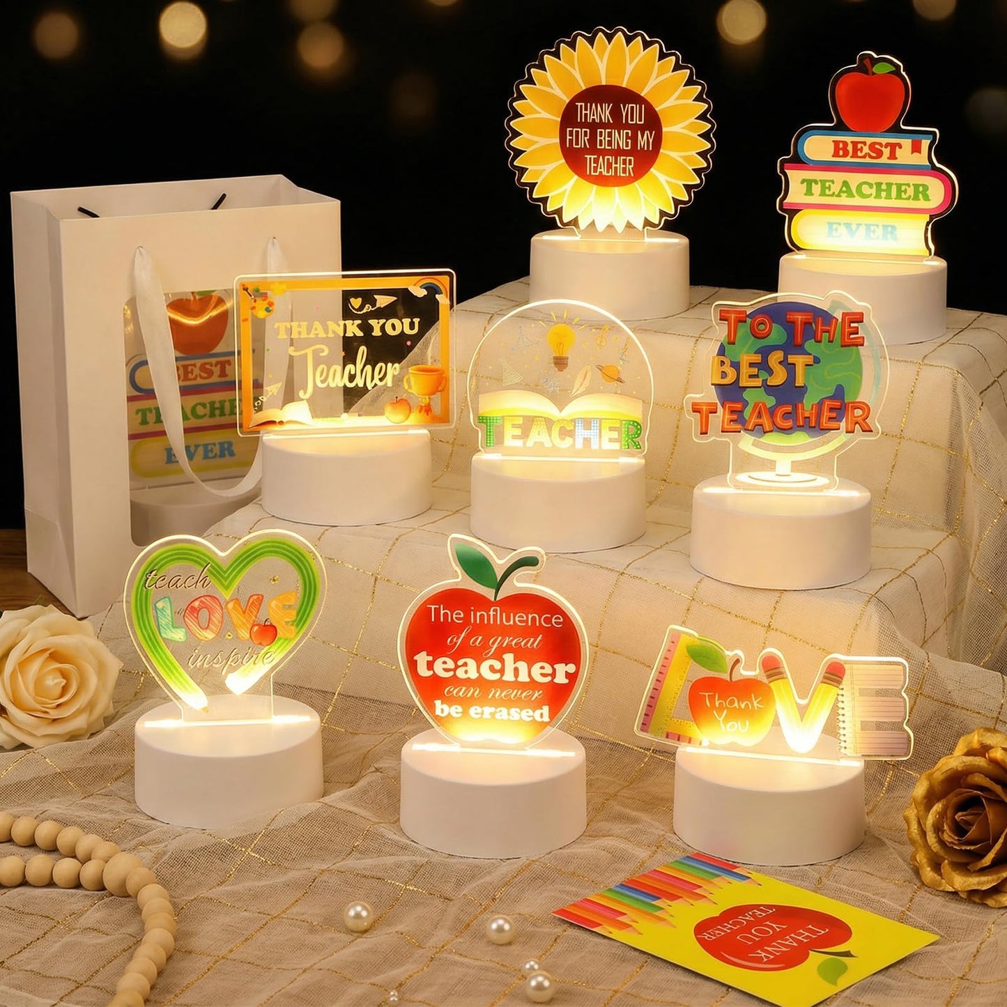 8 Set/24 Pcs Teacher Appreciation Gifts Bulk, Acrylic Night Light Light up Engraved Table Sign Graduation Farewell Thank You Teacher Gifts for Desk Decor Night Lamp with Thank You Cards Bags