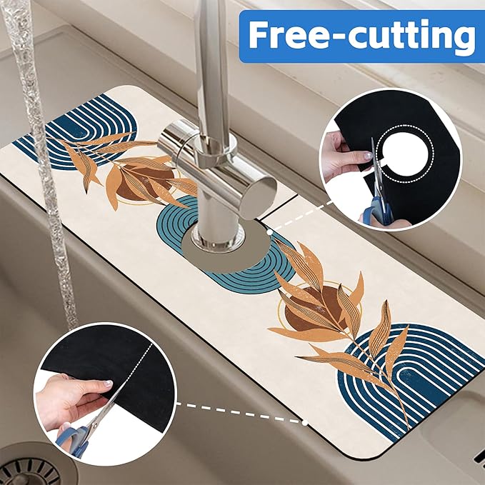 Abstract Blue Minimalistic Sink Faucet Absorbing Mat Sink Splash Guard Faucet
