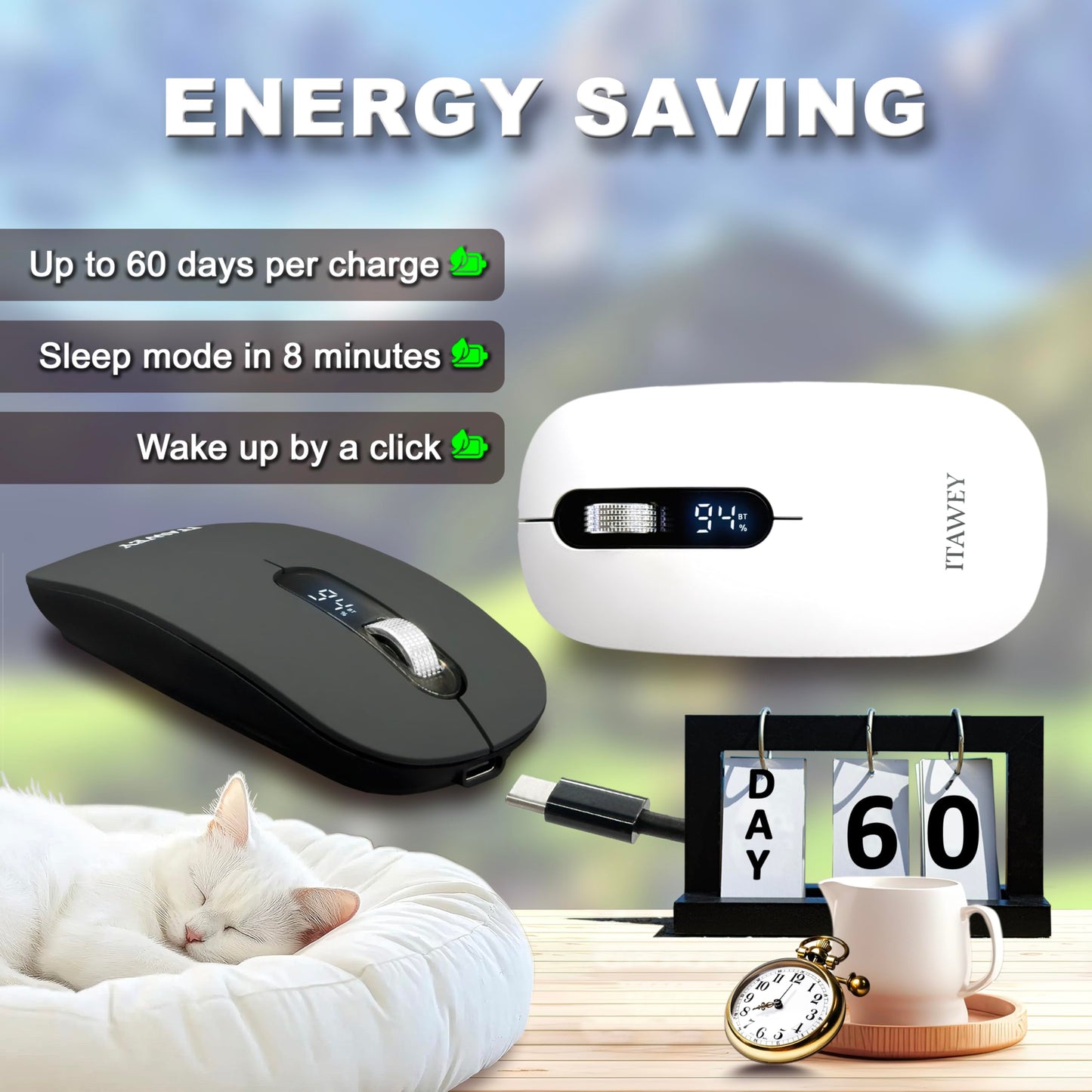 ITAWEY Wireless Mouse & Pad Combo - LCD Display, Bluetooth & USB Receiver, Tri-Mode, Rechargeable, Quiet Clicks, with USB-C Converter, Precise Steel Scroll Wheel, 3200 DPI for PC, Laptop, Tablet