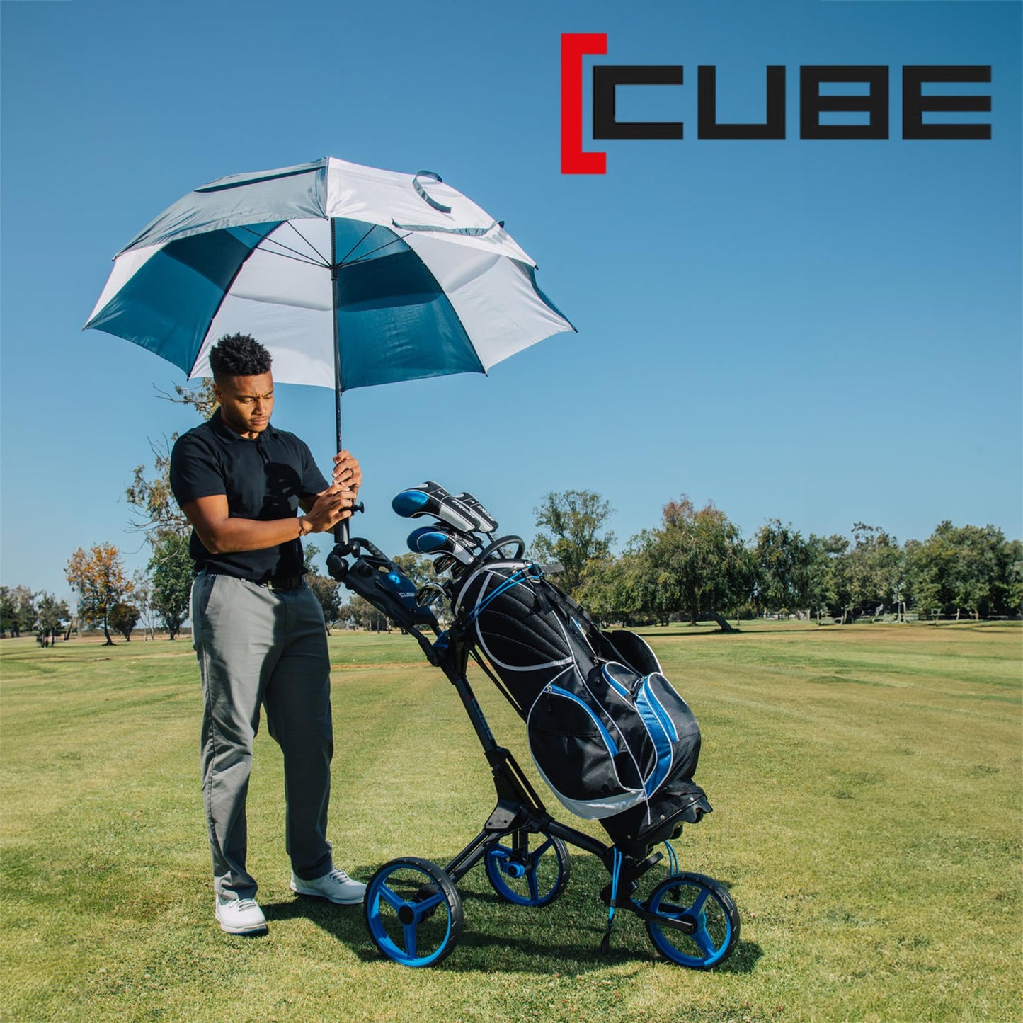 CUBE CART 3-Wheel Golf Push Cart – Ultra-Compact 14.5 lb Folding Golf Trolley, Two-Step Fold, Adjustable Handle, Foot Brake, Umbrella Holder & Built-in Storage - Charcoal/Red