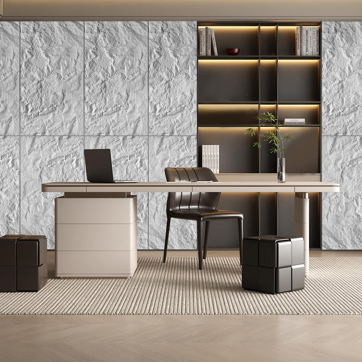 VESLARA 4 PCS Faux Stone Wall Panel 43.3’’ x 23.6’’ PU Wainscoting Panel with Mountain Rock Design 3D Wall Panel for Interior Wall Decor Bedroom Living Room Office White