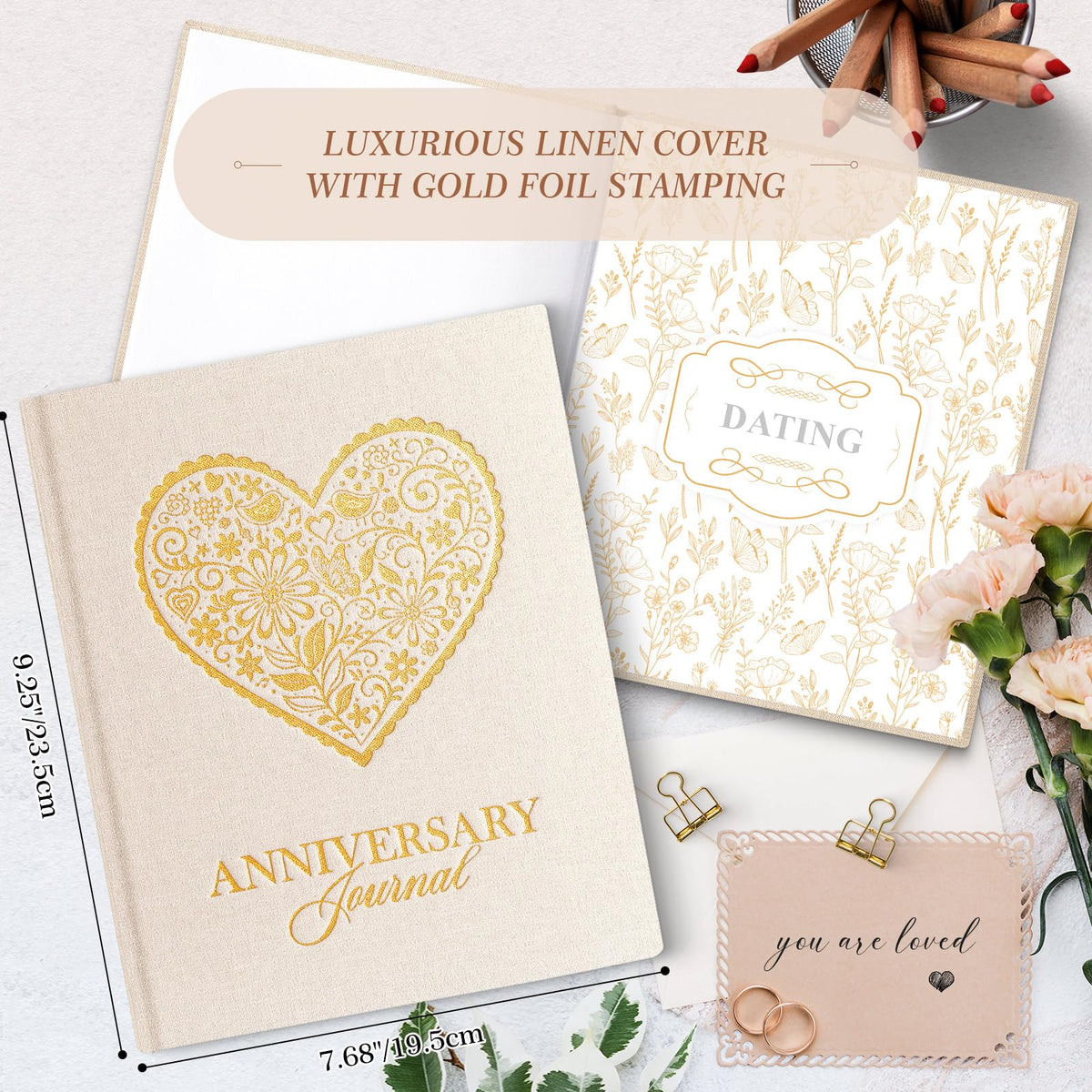 Lanpn Wedding Anniversary Journal Book, Linen Dating 1st to 70th Couple Memory Book Wedding Scrapbook, 190 Pages Love Stories Notebook Newlywed Marriage Anniversary Bridal Shower Gift, Beige