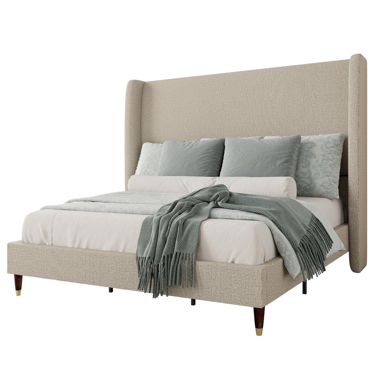 Jocisland King Size Bed Frame 51.2" Wingback Headboard Linen Upholstered Platform Bed,Solid Wood Legs & Wooden Slats,No Box Spring Needed,Noise-Free,for Family Master Suite Cozy Home,Brown