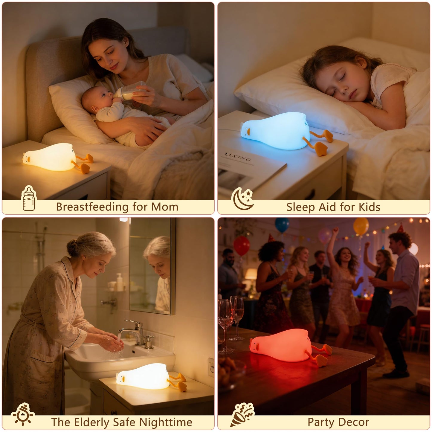 Cute Duck Night Light with Color Changing, APP/Tap Fun Lying Flat Duck Lamp with Rubber Duck Gift,Soft Silicone Nursery Nightlight,Dimmable/Timing Bedside Lamp,White Elephant Xmas Gifts for Baby Kids