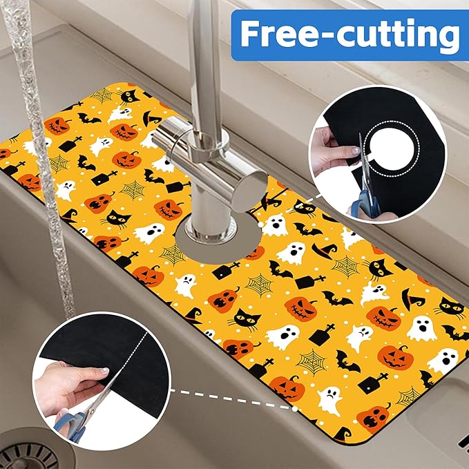 Halloween Pumpkin Bat Ghost Kitchen Sink Splash Guard Mat Absorbent Fast Drying