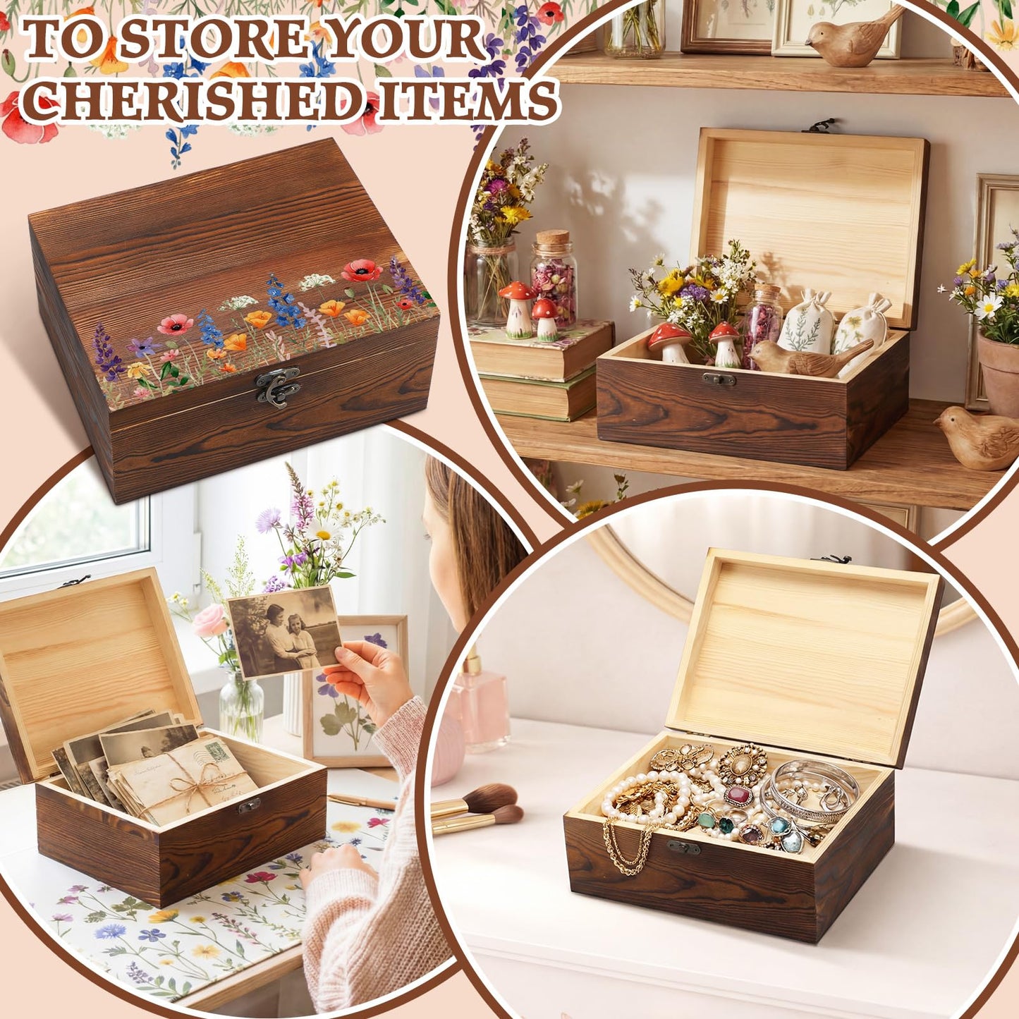 Gerrii Wildflower Wooden Keepsake Box Wedding Baby Shower Spring Flower Memory Storage Box with Buckle for Birthday Baby in Bloom Party(Wildflower Mix,Brown,11.02 x 8.86 x 4.92 Inches)