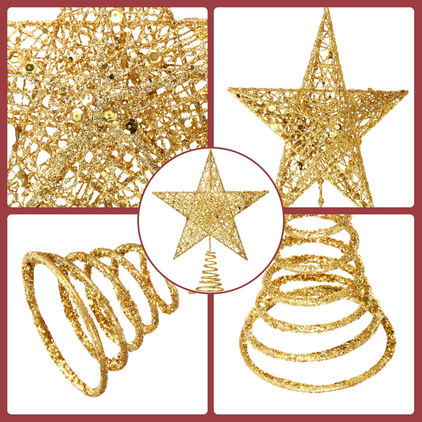 Blulu 10 Inches Gold Christmas Star Topper Xmas Tree Topper Glitter Treetop Star for Christmas