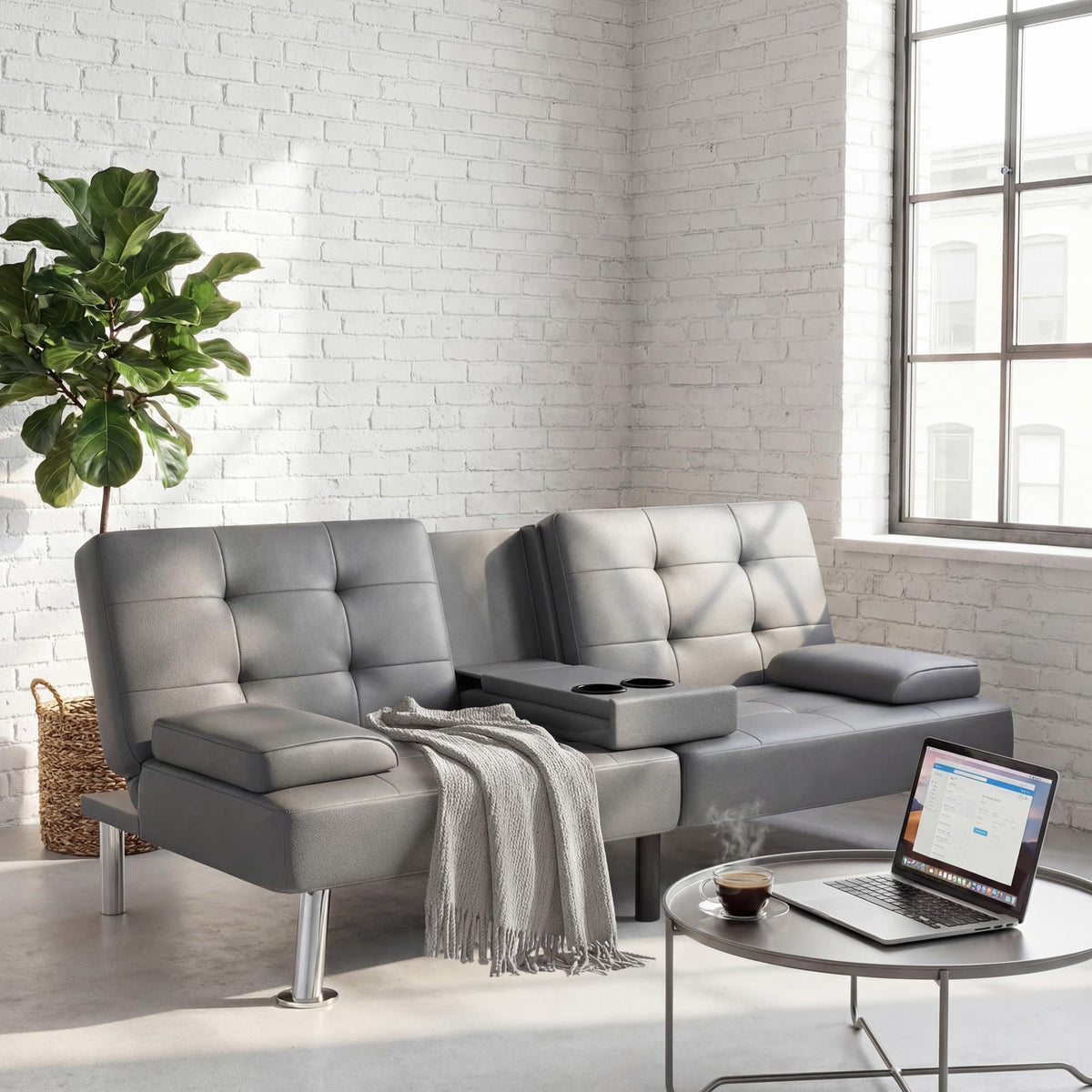 YESHOMY Modern Futon Sofa Bed, Convertible Futon Couch with Adjustable Backrest, Futon Loveseat Sleeper Sofa Bed with Armrest for Living Room, Small Spaces,PU Leather, Gray
