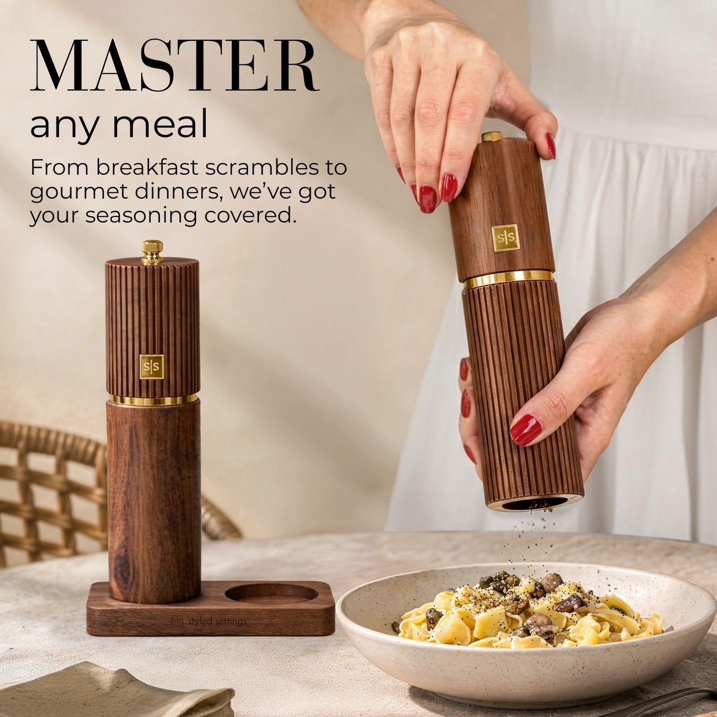 Wooden Salt and Pepper Grinder Set – Refillable Manual Salt and Pepper Mills with Adjustable Ceramic Burrs, Gold Detailing, and Wood Stand – Dark Wood