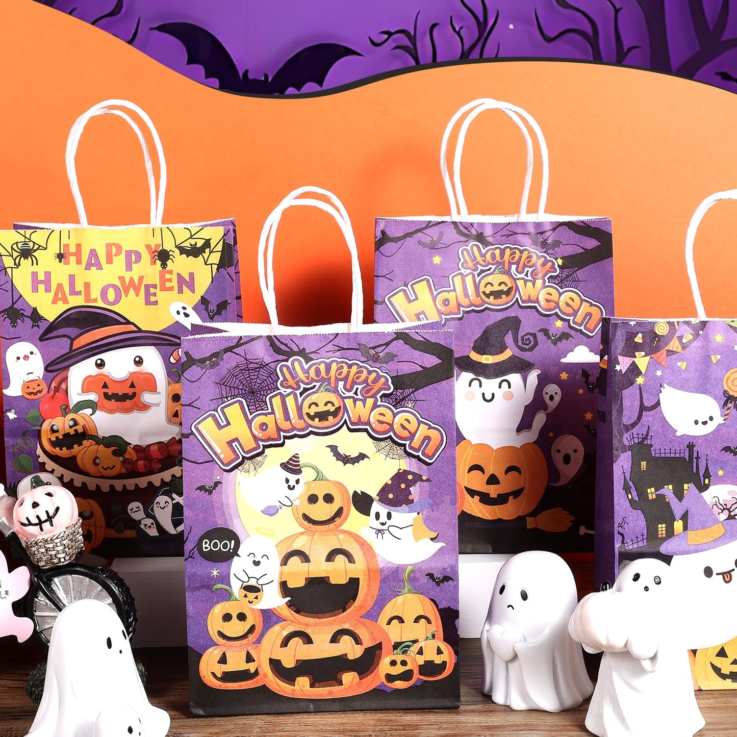 24Pcs Purple Halloween Paper Gift Bags and 24 Sheets Tissue Paper, Halloween Party Bags with Handle Candy Goodie Bags for Trick & Treat Party Supplies