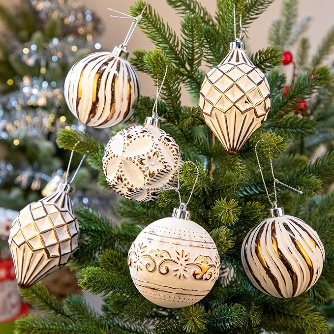 16PCS Shatterproof Christmas Ball Ornaments Set, Hand-Painted Holiday Decor with Assorted Sizes & Designs for Christmas Tree Thanksgiving Party Decoration, Bronze-White