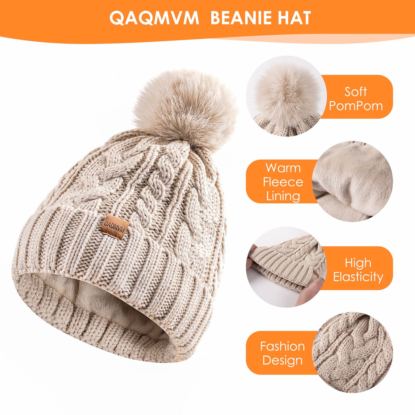 Winter Beanie Hat Gloves Set for Women, Pom Pom Fleece Lined Hat Knit Touchscreen Gloves