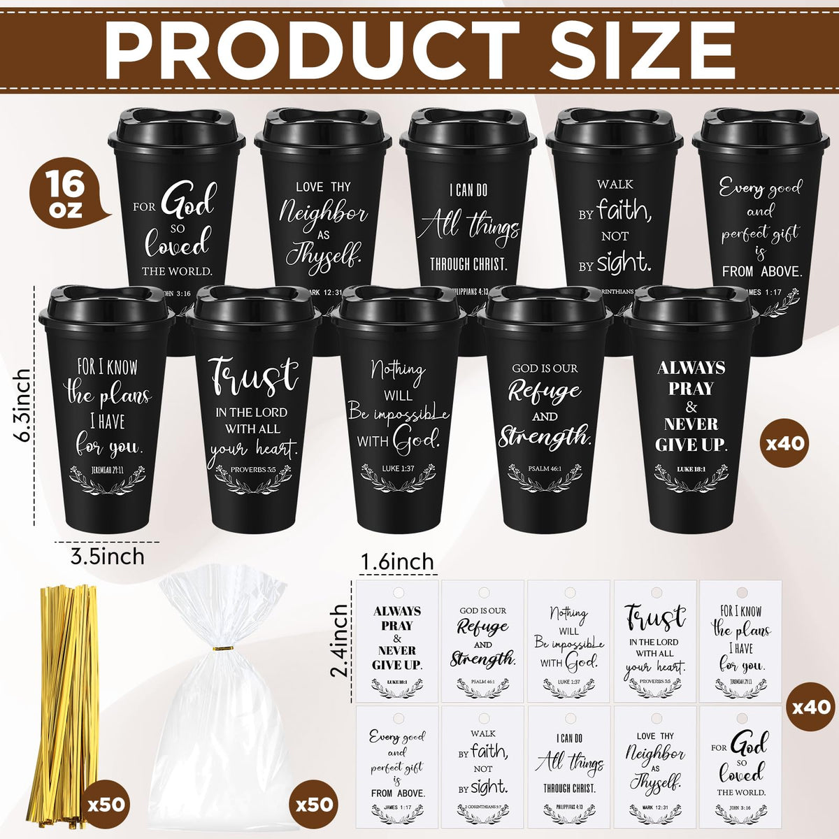 LemonRoad 40 Sets Christian Gifts Bulk 16oz Reusable Bible Verse Coffee Cups with Lids Cards and Gift Bags Inspirational Religious Gifts for Church Party (Black)