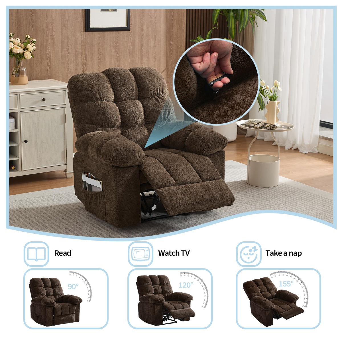 Garvee Manual Recliner Chair,Ergonomic Overstuffed Breathable Fabric Reclining Chair with Side Pockets,q235 Steel Frame Lazy Boy Recliner Single Sofa for Living Room Bedroom