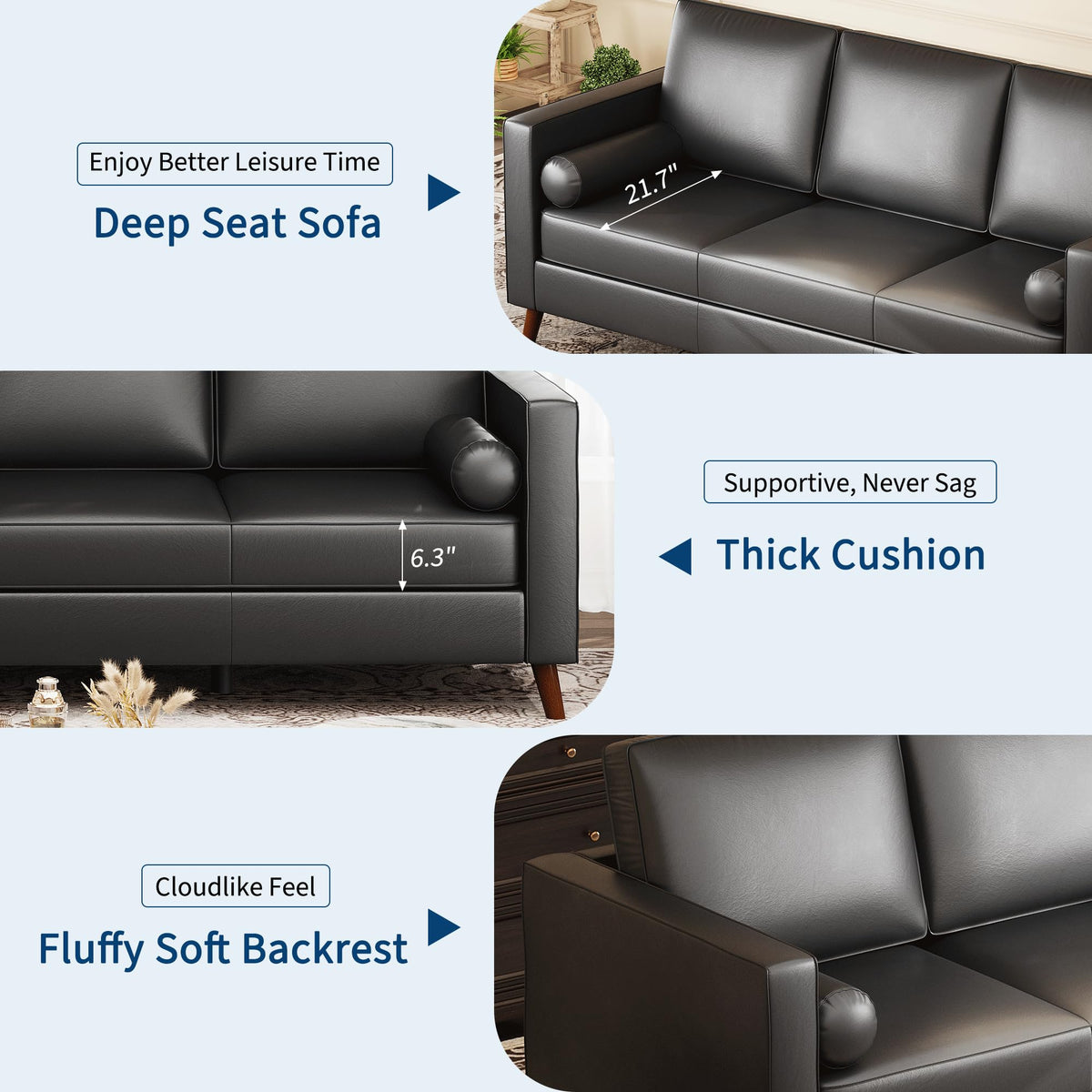 GAOMON 86" Leather Sofa, Mid-Century Modern Couch, Faux Leather Couch with Deep Seats, 3-Seat Sofa for Living Room, Office, Black