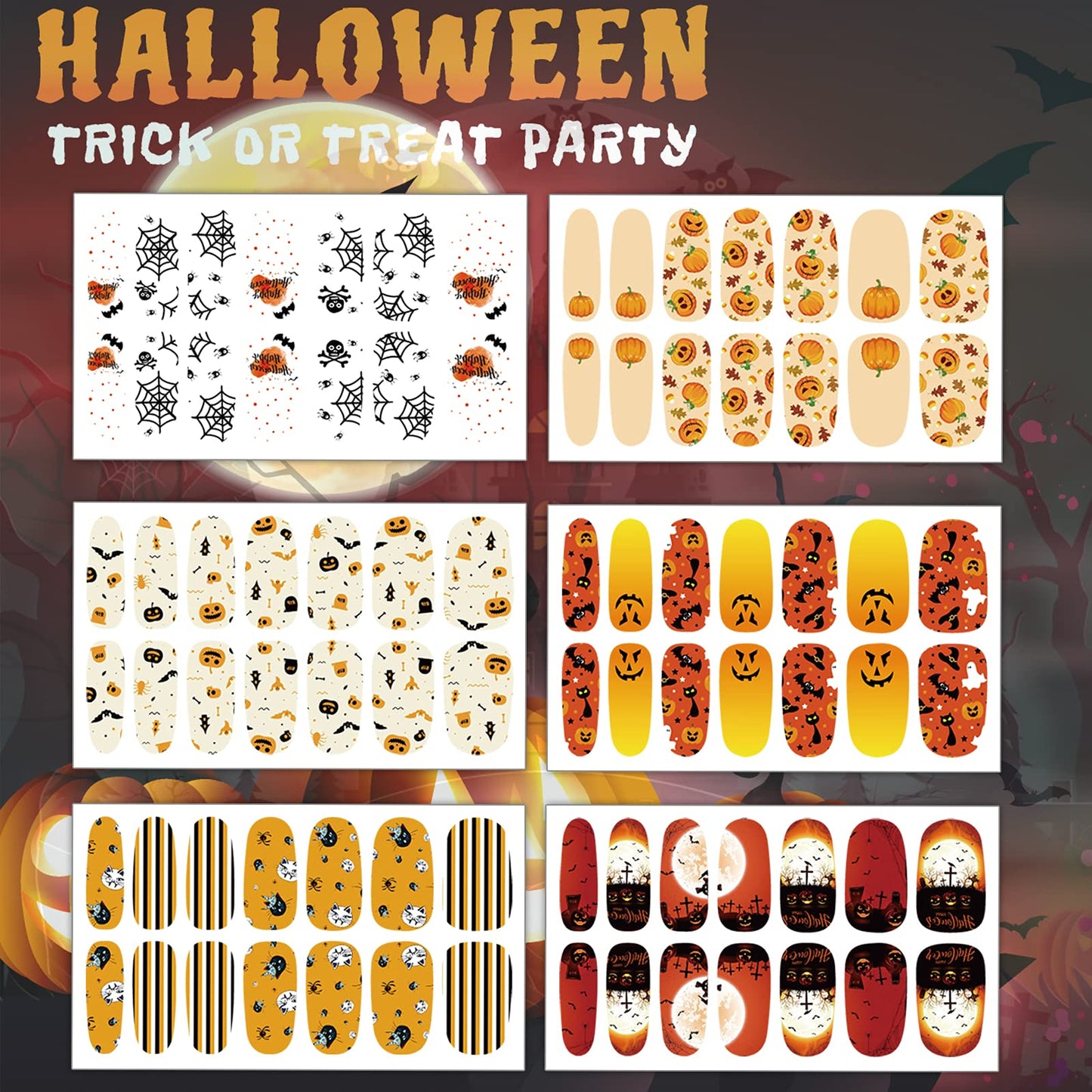 TailaiMei 12 Sheets Halloween Nail Wraps Stickers Nail Polish Strips Self-Adhesive Full Wraps with 2 pcs Nail Files for DIY Nail Art Decals (Pumpkin Style)