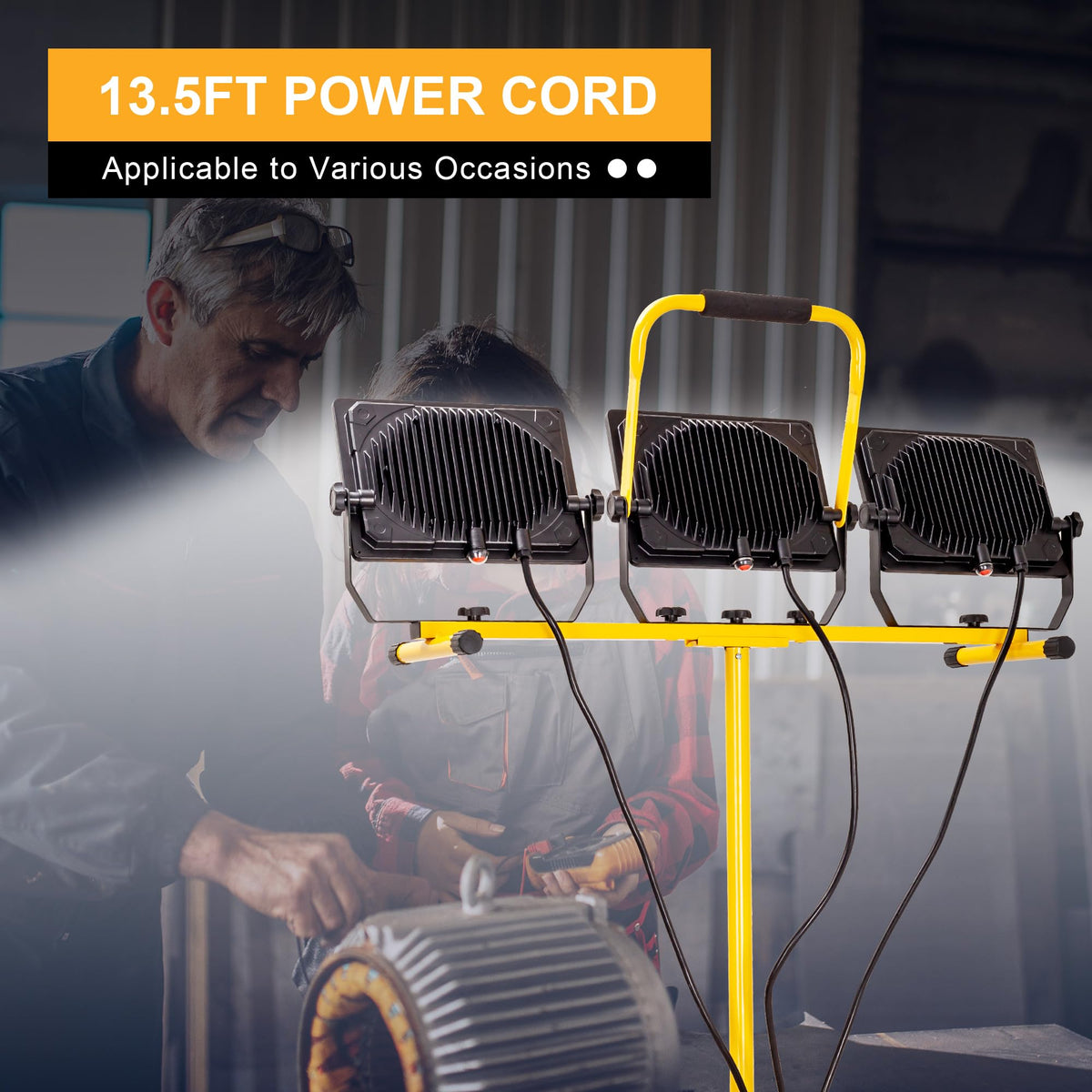 30000 Lumen Work Lights with Stand, 300W Three Head LED Work Light, Waterproof Lamp with Individual Switch, Adjustable Metal Telescoping Tripod(2 Pack)
