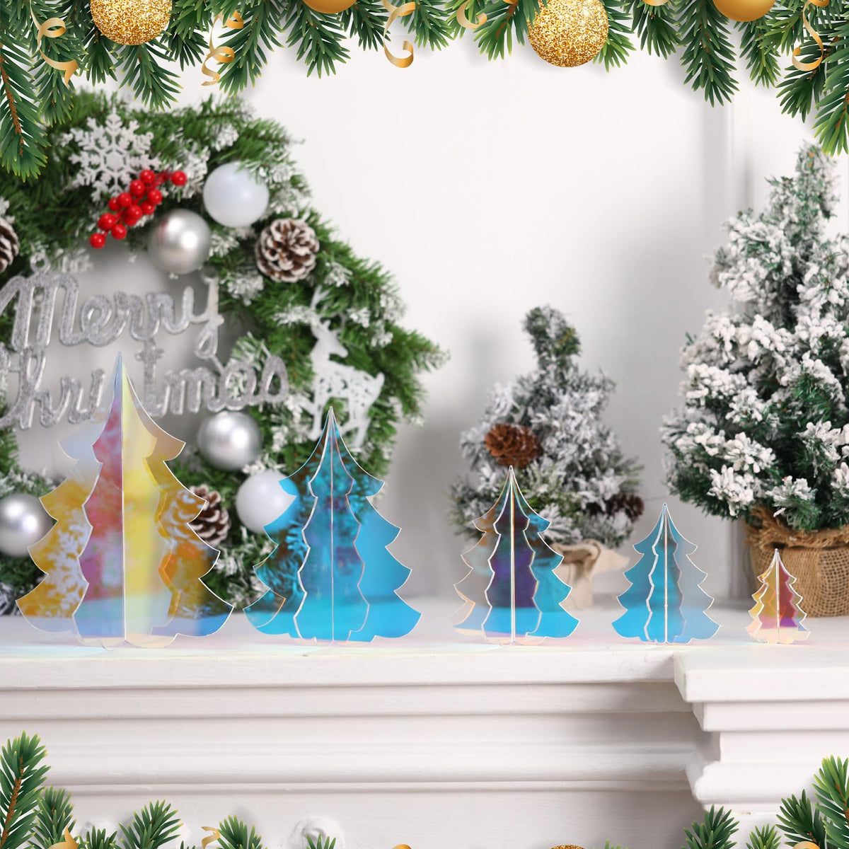 Amyhill 5 Set Holographic Christmas Tree Decor for Fireplace Mantel Iridescent 3D Christmas Tree for Window Shelves Table Centerpieces Modern Party Winter Decor