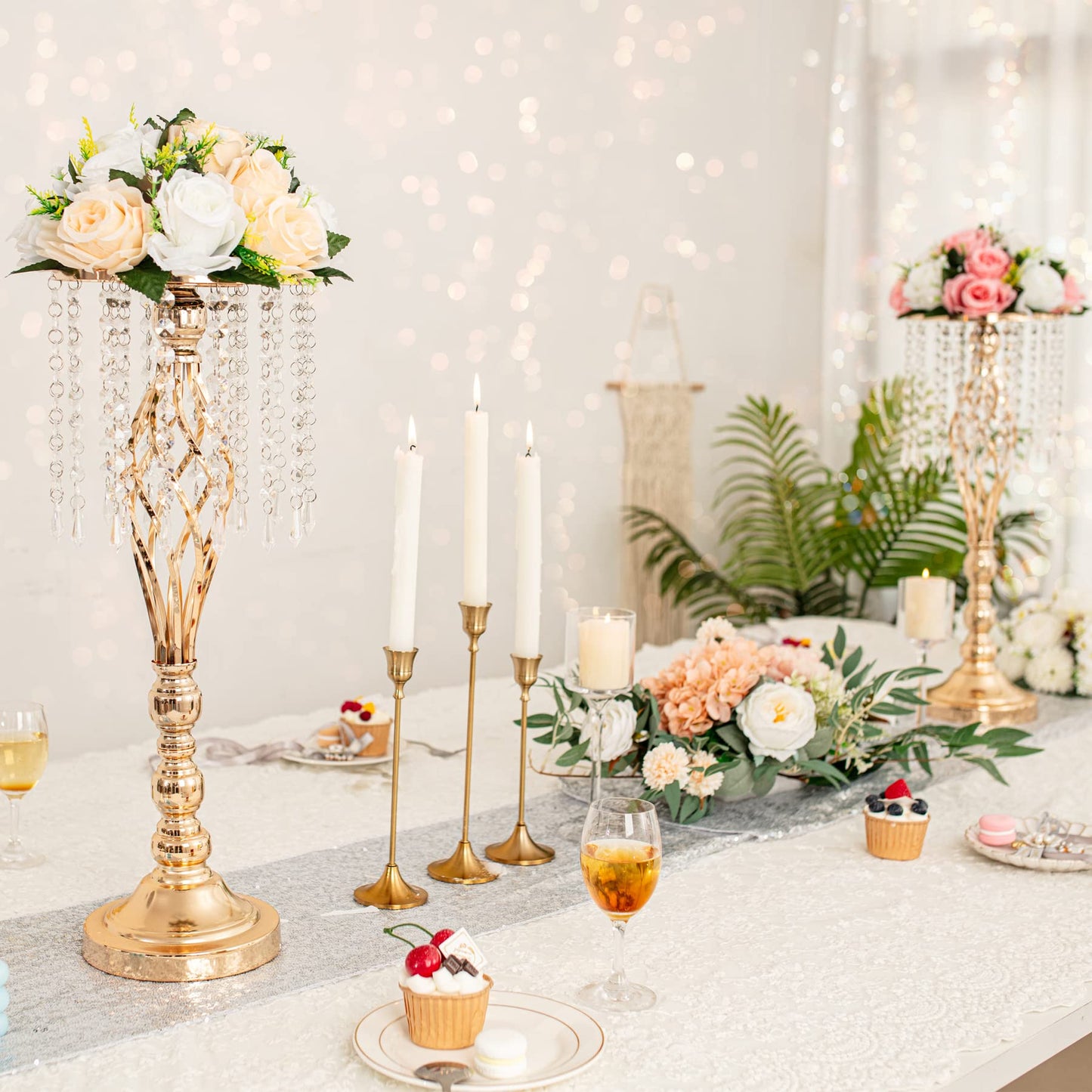 LANLONG 2pcs Gold Metal Flower Vases Crystal Flower Stand Wedding Centerpieces for Tables Party Dinner Event Restaurant Hotel Decoration