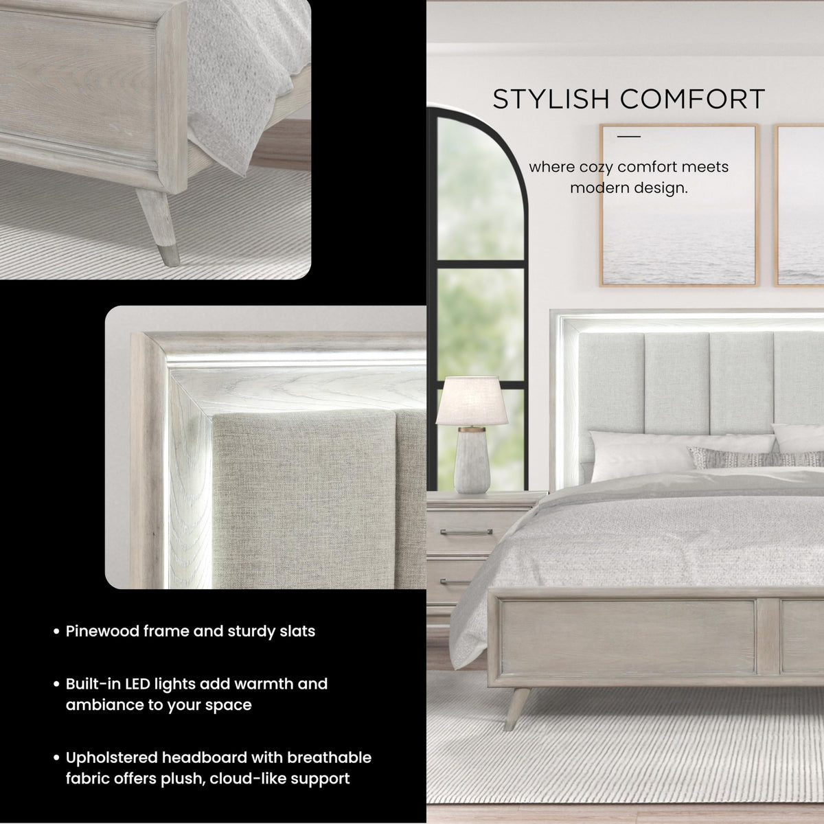 Roundhill Furniture Seluna 6-Piece Bedroom Set with Touch LED Lighting, Gray Oak Finish, King