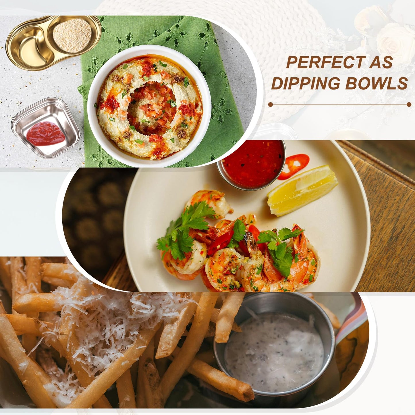 uxcell 3 Inch Mini Stainless Steel Sauce Dish, 2 Pcs Round Seasoning Bowls Appetizer Plates Condiment Bowl for Salad Side Dishes Sushi Dipping Ketchup, Gold 3-Compartment