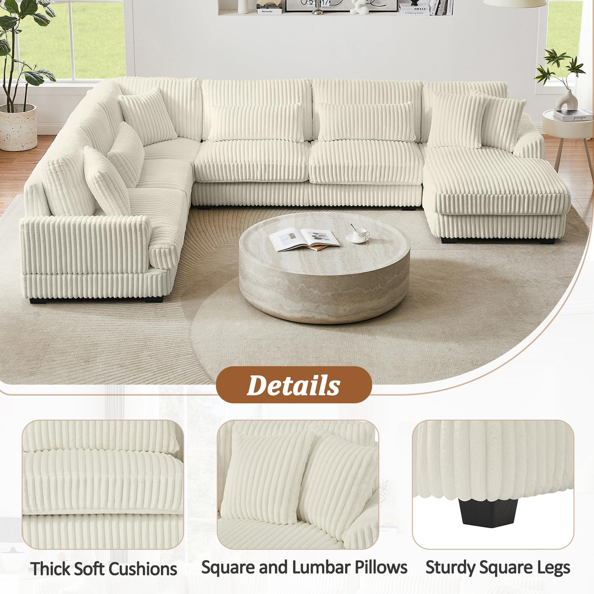 ERYE 129-Inch U-Shaped Sectional Sofa Couch W/Right Facing Chaise Lounge,Oversized Corduroy Upholstered Corner Modular Sofa Couch with 7 Toss Pillows for Living Room Sets