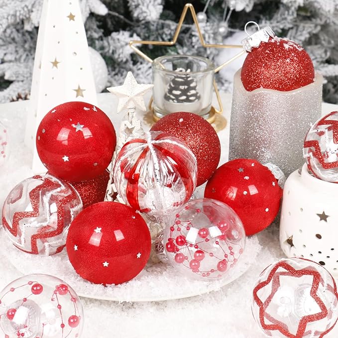 SY Super Bang 30PCS Red Christmas Ornaments Set, 60MM/2.36" Clear Plastic Shatterproof Ball Ornaments for Christmas Tree Hanging Decorations, for Home Holiday Party Xmas Decor.