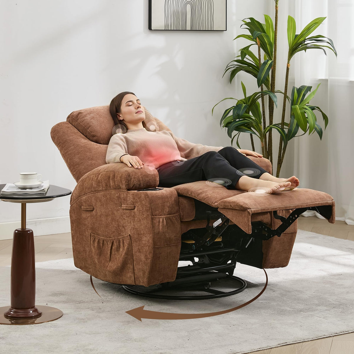 360° Swivel Rocker Recliner Chair for Adults with Massage & Heat, Manual/Electric Glider Reclining Lounge Chair for Living Room, Bedroom, Nursery, Comfortable Fabric Recliner, Light Brown