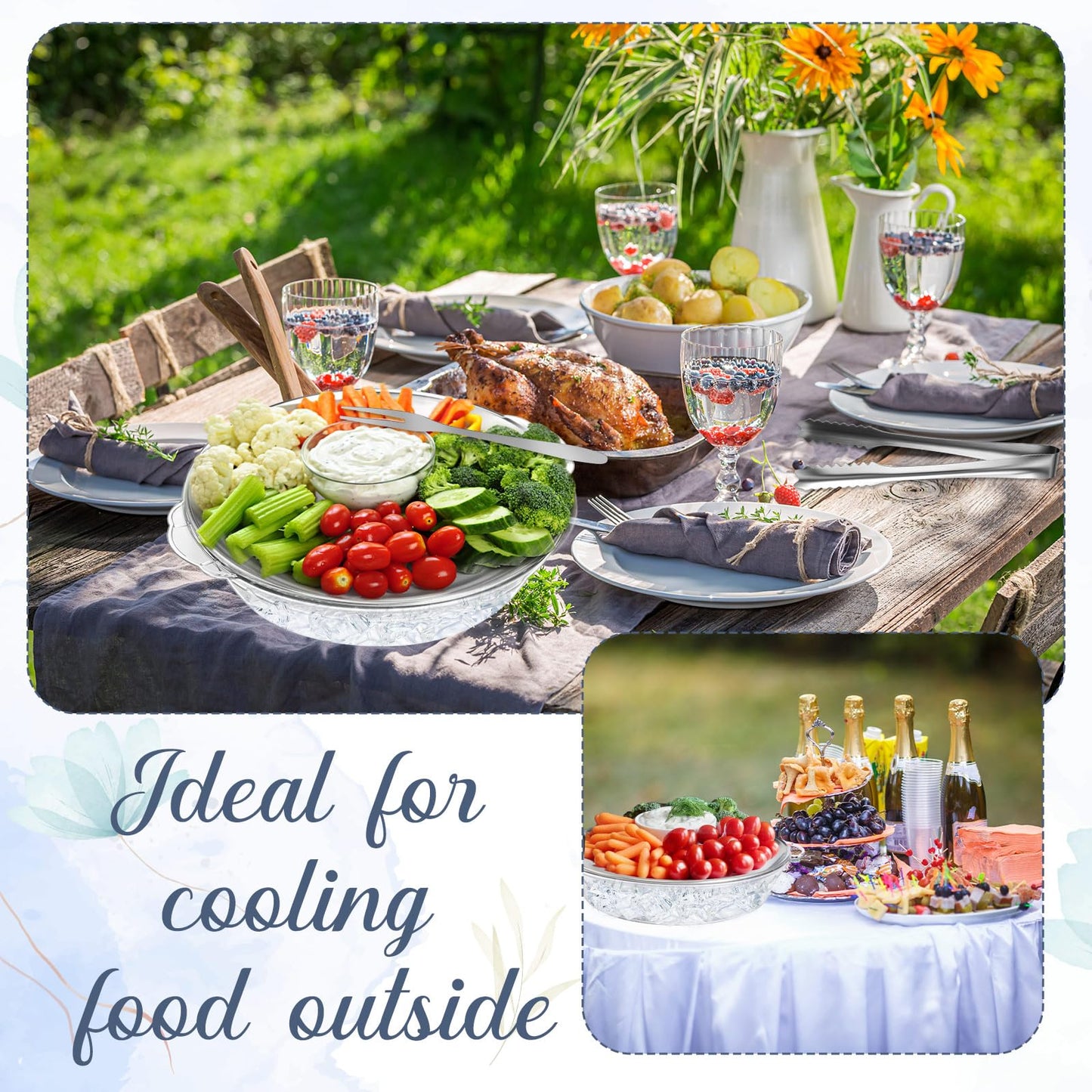 Baderke 2 Sets 11.8" Chilled Serving Tray for Parties Round Iced Platter with Ice Underneath Stainless Steel Clip Fruit Fork Shrimp Cocktail Serving Dish for Oysters Crawfish Fruits (Original)