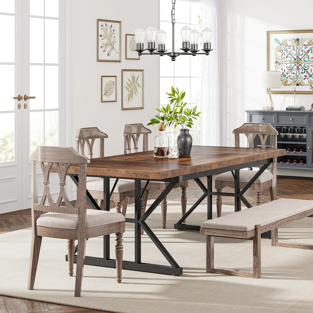Tribesigns Farmhouse Dining Table for 6 People, 70.8-Inch Rectangular Wood Dining Table, Rustic Kitchen Table with Heavy Duty Metal Legs for Dining Room
