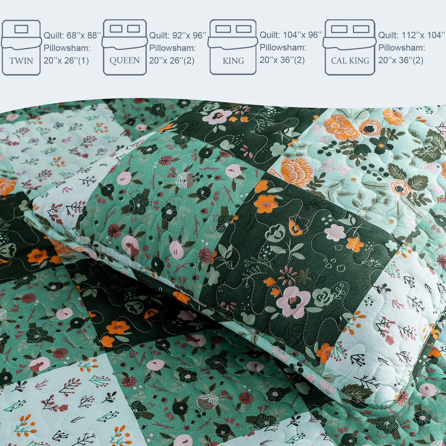 Exclusivo Mezcla Reversible Boho Quilts Queen Size, Green Soft Bedspreads Lightweight Coverlet All Season Patchwork Quilt Bedding Set with Printed Floral Pattern (1 Quilt, 2 Pillow Shams)