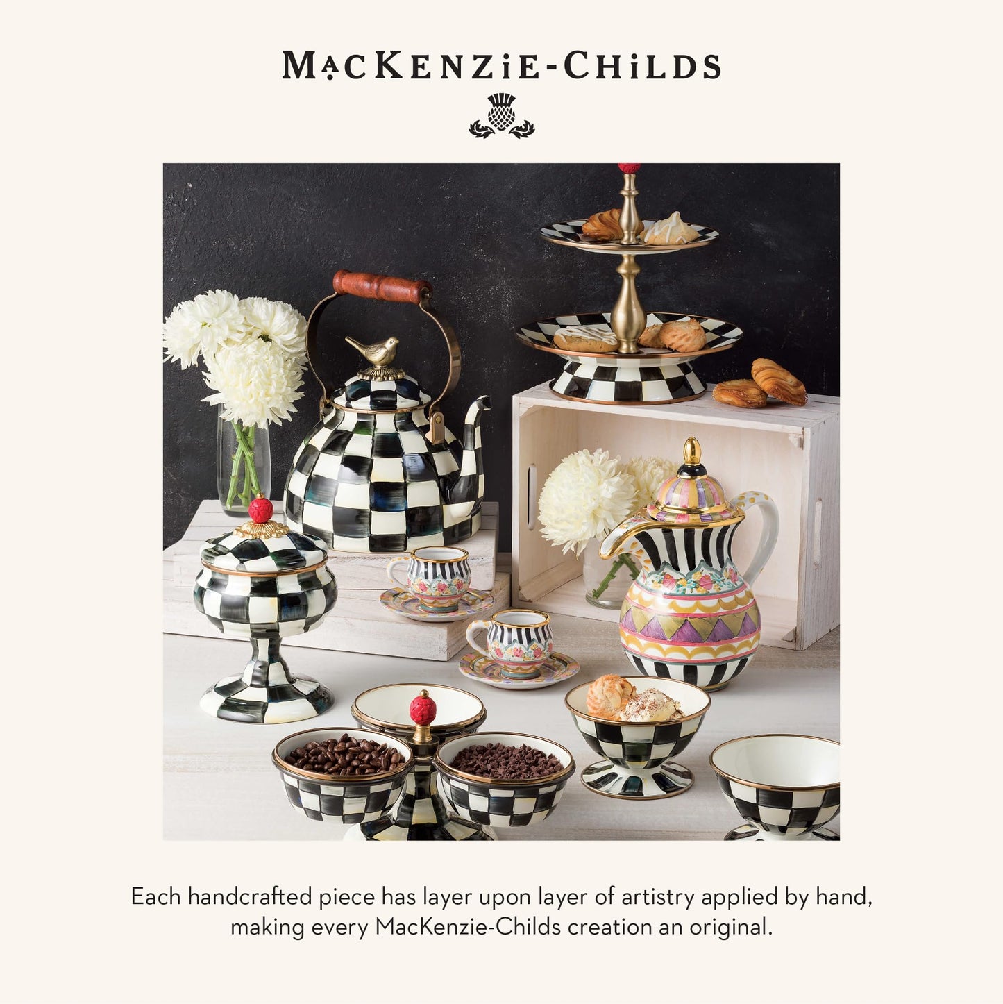 MACKENZIE-CHILDS Bunny Salt and Pepper Shaker Set, Ceramic Salt and Pepper Holders, Black-and-White Courtly Check