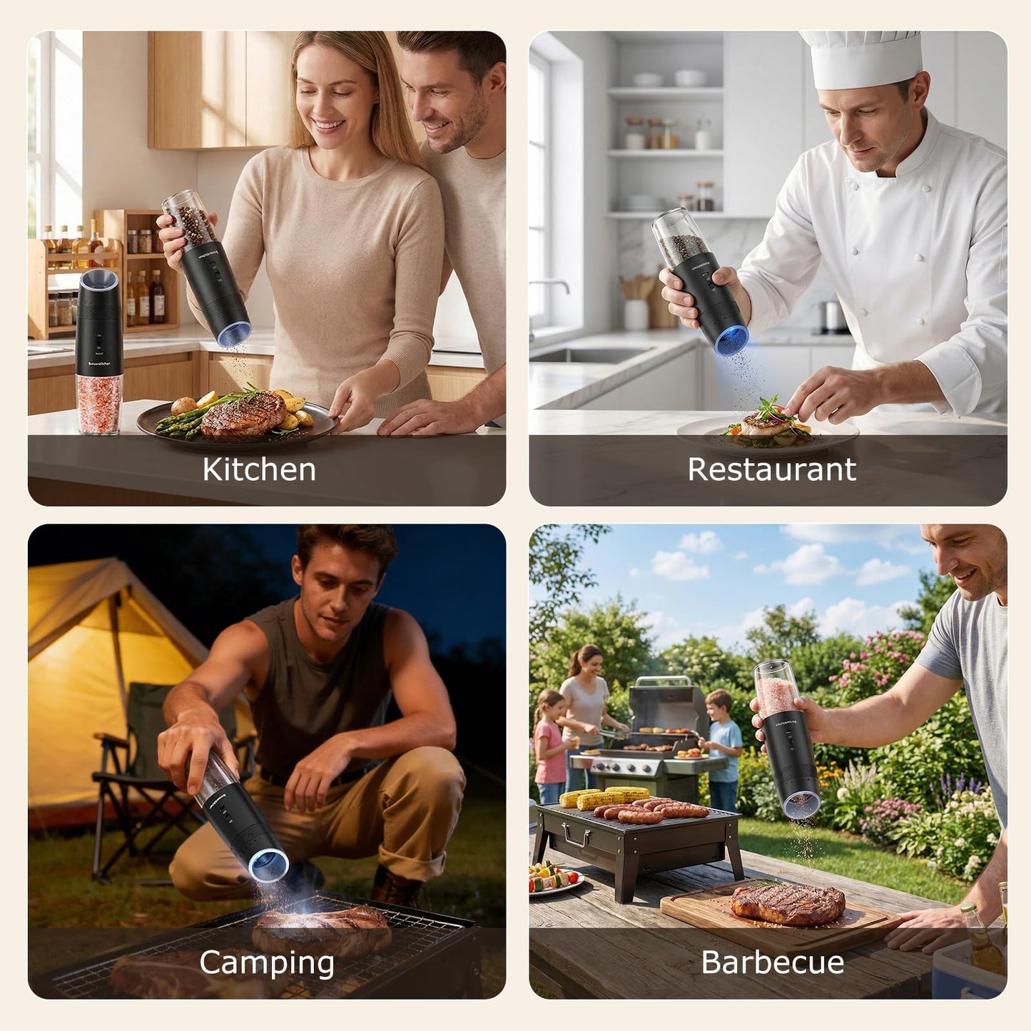 Bonsenkitchen Gravity Electric Salt and Pepper Grinder Set,Type-C Rechargeable Automatic Grinder With 6-Level Coarseness Adjustment, LED Light, 135ML Large Capacity for Kitchen, BBQ & Camping