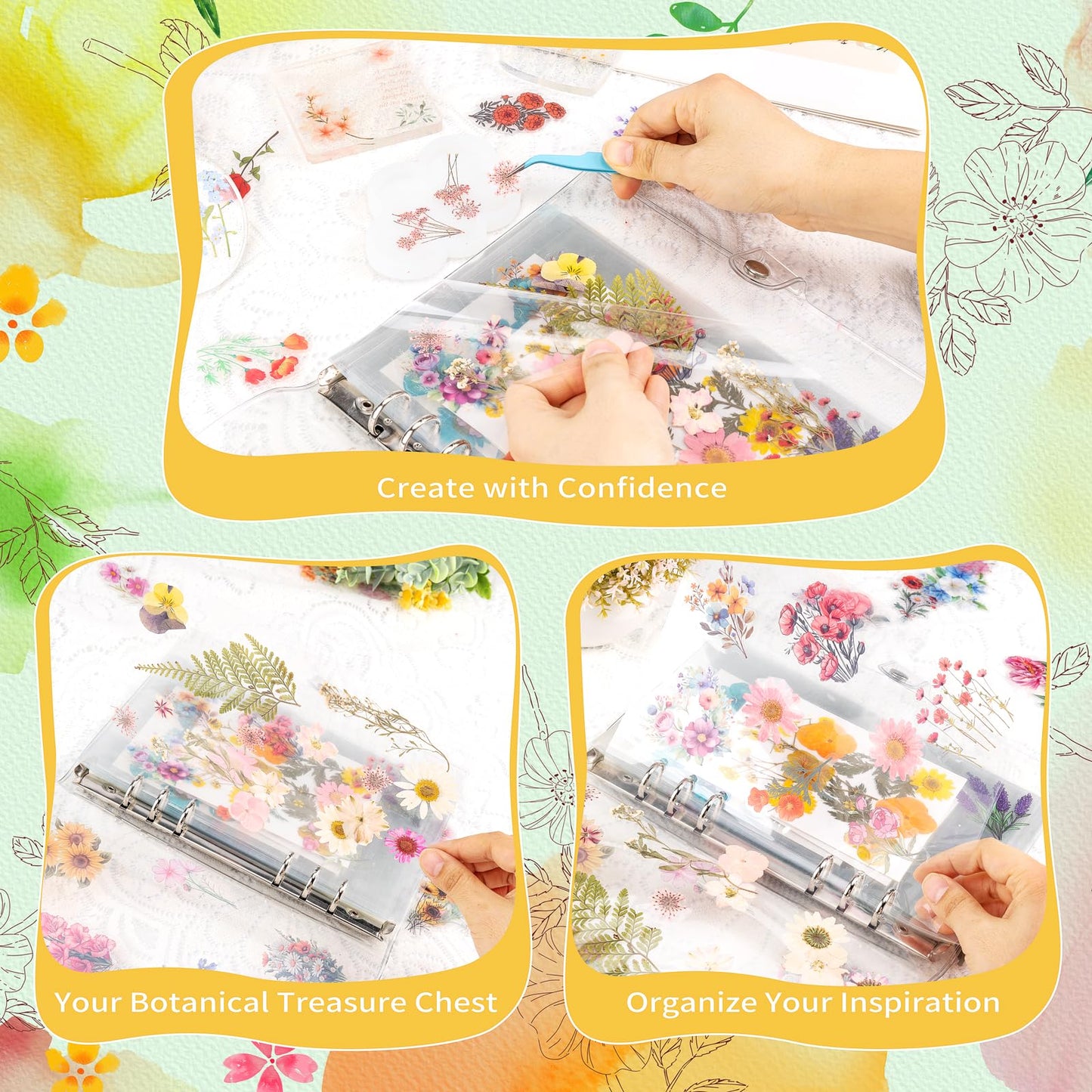 Alvian A4 Dried Flower Pressing Scrapbook Kit - 50pcs Floral Stickers & Transparent Pages for Pressed Flower Storage, Organizing, Resin Art & Scrapbooking - Ideal Gift for Gardeners, Plant Lovers