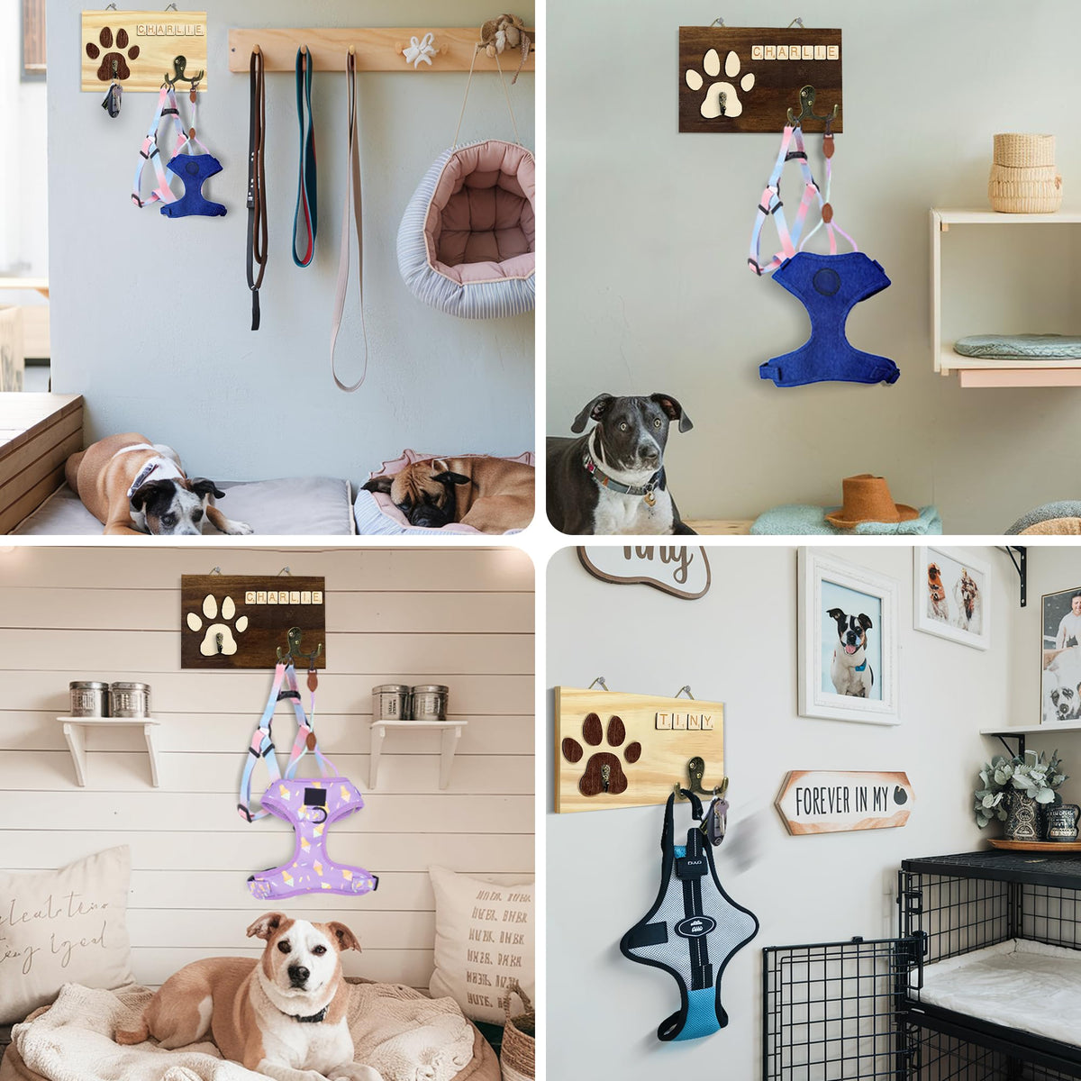 VINARTSVN 2 Pack Dog Leash Holder Wall Mount, Pet Harness Hanger with Scrabble Letters, Dog Collar Organizer for Entryway, Cat Leash Holder for Wall, Pet Loss Gifts, Keepsake, Home Decor PF218-CBW
