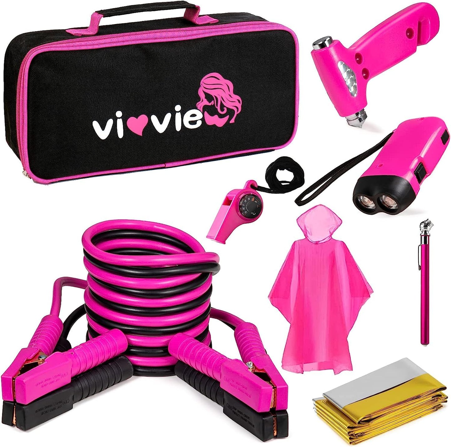 vioview Roadside Emergency Car Kit for Vehicles, Car Safety Kit with Jumper Cables, Safety Hammer, Pink Car Accessories Road Trip Essentials Assistance Kit for Teen Girls Women