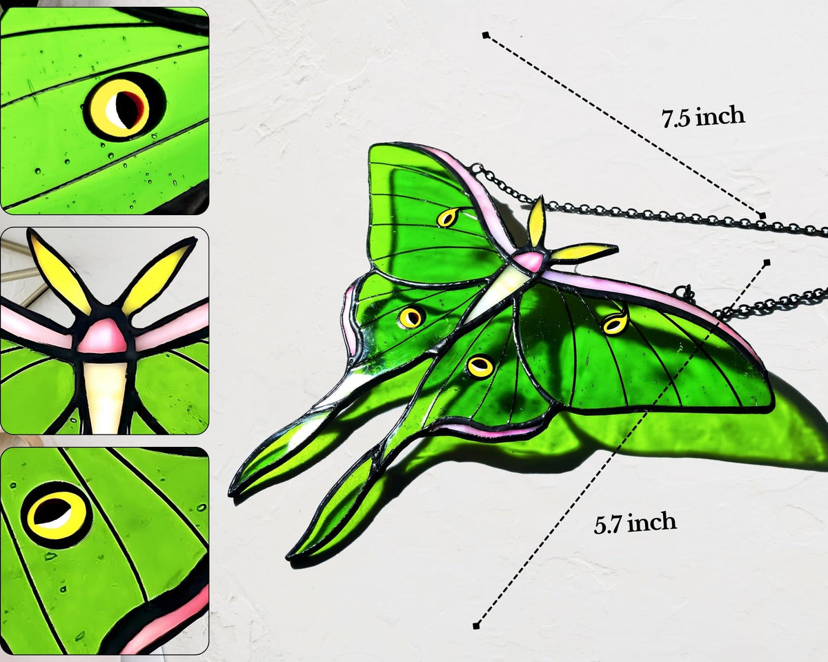 Cemovia Luna Moth Stained Glass Window Hanging - Handmade Real Glass Suncatcher - Elegant Green Moon Moth Butterfly Light Catcher Gifts for Mother, Women, Grandma (Gifts-Box provided)