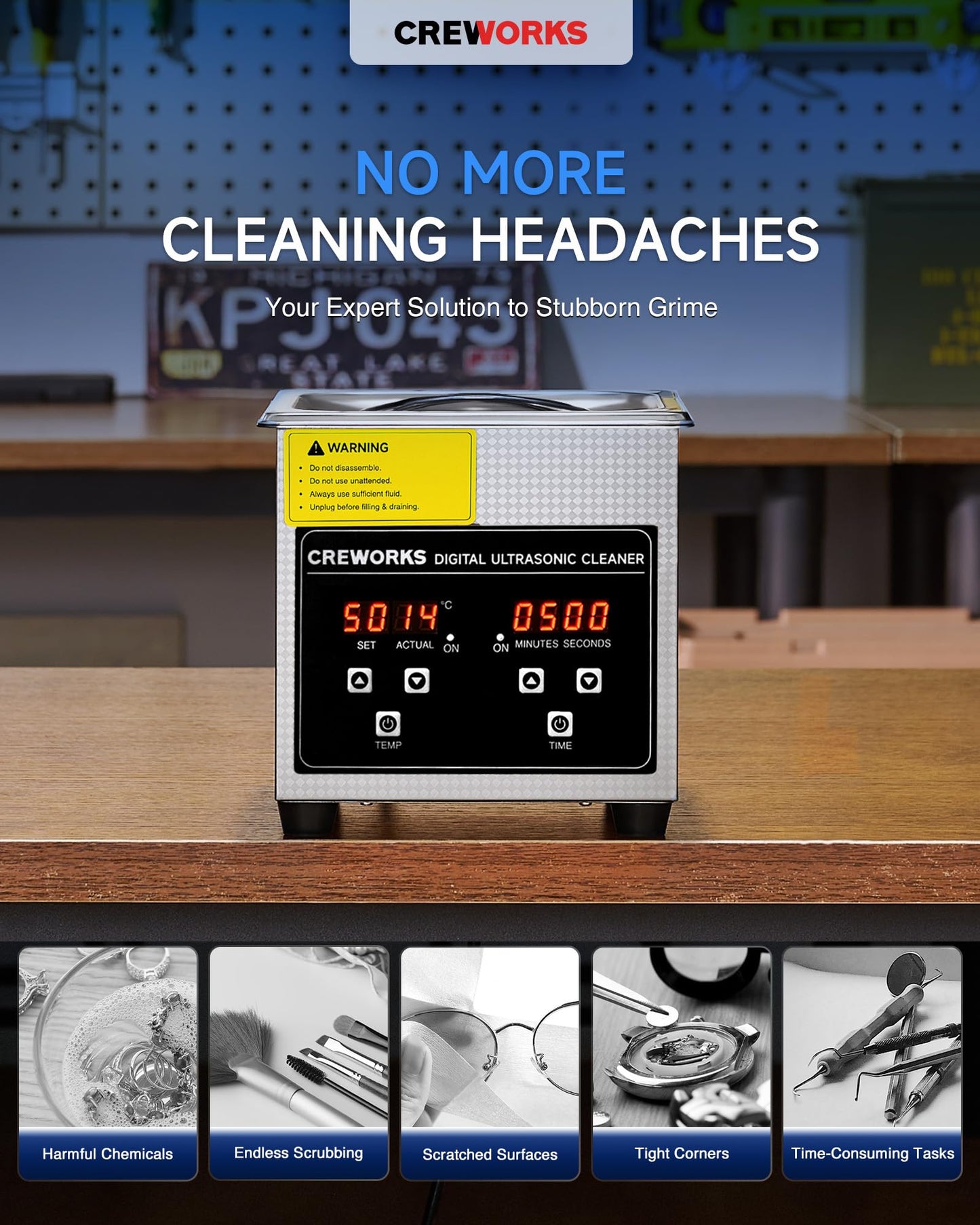 CREWORKS 1.3L Digital Ultrasonic Cleaner with Heater and Timer, 60W Stainless Steel Ultrasonic Cleaning Machine, Professional Ultrasonic Parts Cleaner for Retainer Glasses Jewelry Lab Tool