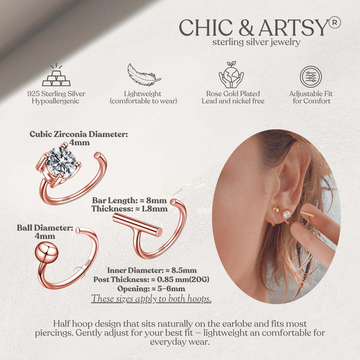 18K Rose Gold Plated 925 Sterling Silver Half Hoop Earrings Set Small 3 Pairs Sleep Huggie Hug Hoops Open Hugger Hoop Earrings Tiny Cartilage Earring for Women