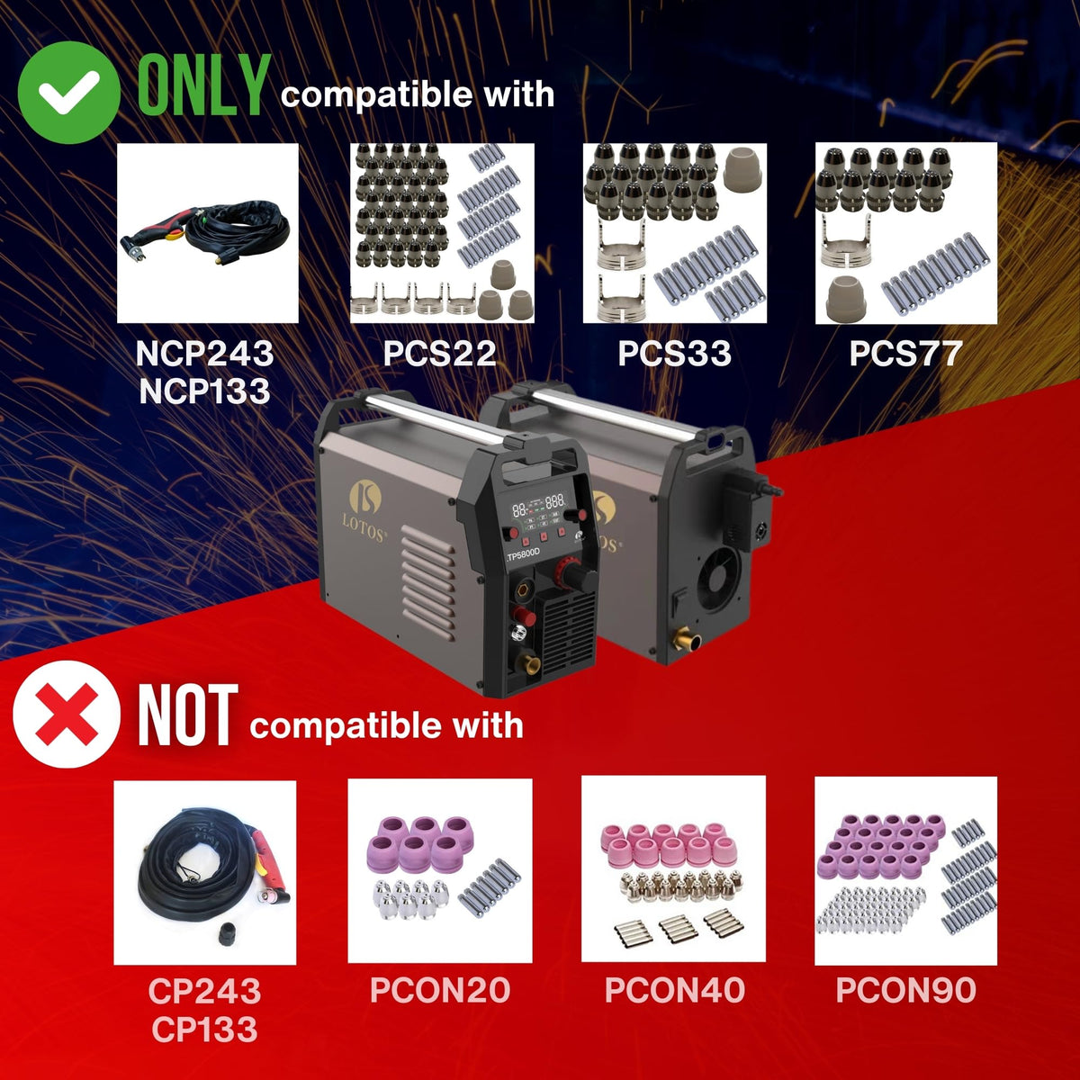 LOTOS LTP5800D 58A Plasma Cutter, 5/8" Clean Cut (3/4" Severance), Non-Touch Pilot Arc, Up to 15% Faster Cutting, Dual Voltage 110/220V, LED Panel & Front Regulator, Portable Plasma Cutting Machine