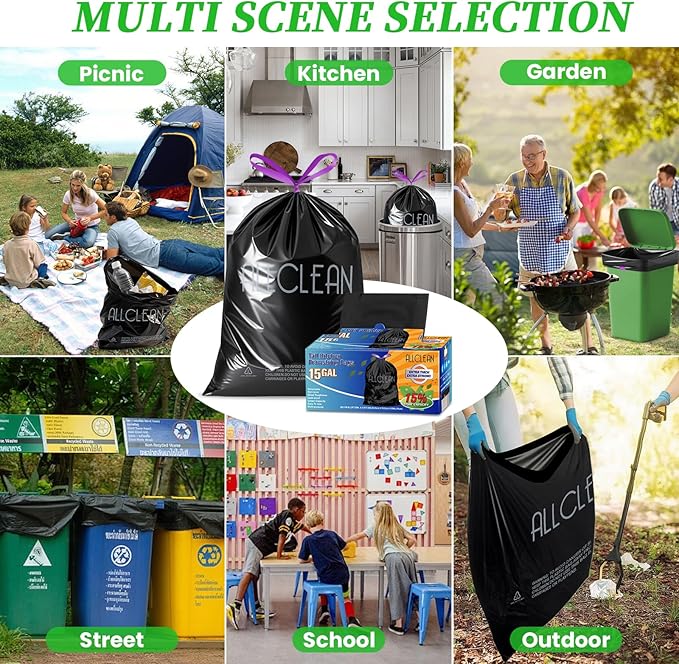 Trash Bags 15 Gallon Tall Kitchen Drawstring Garbage Bags, Fit 13-15 Gal Bins
