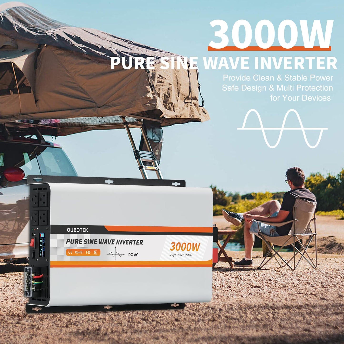 OUBOTEK 3000 Watt Pure Sine Wave Power Inverter, DC 12V to AC 120V with LCD Display, Remote Control, USB Port, 4 AC Outlets, and Terminal Block for RV Boat Camping Solar System and Home Use