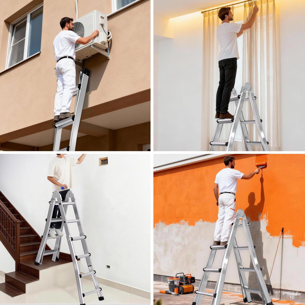 Telescoping A Frame Ladder Extension Ladders for Outdoor Home Use, Multi Position Ladders Adjustable Ladder for Stairs, Indoor, Roof and Rv Use, Steel, 330 Lbs Capacity