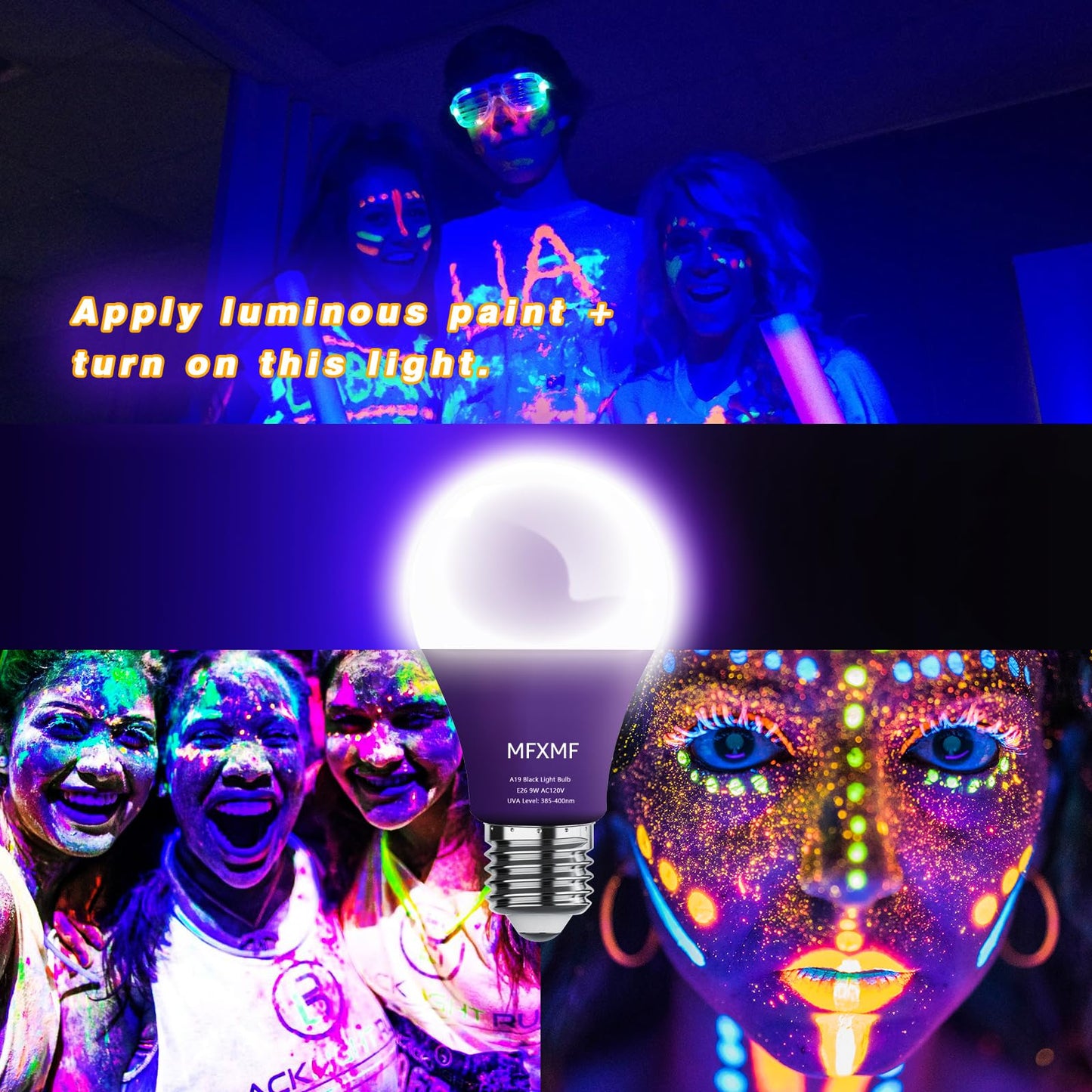 mfxmf 4 Pack A19 LED Black Light Bulbs,9W (100W Equivalent) E26 Base Dimmable Black Lights, UVA Level 385-400NM, Halloween Light Bulbs,Glow in The Dark,Fluorescent Poster, Body Paint,Neon Glow Party