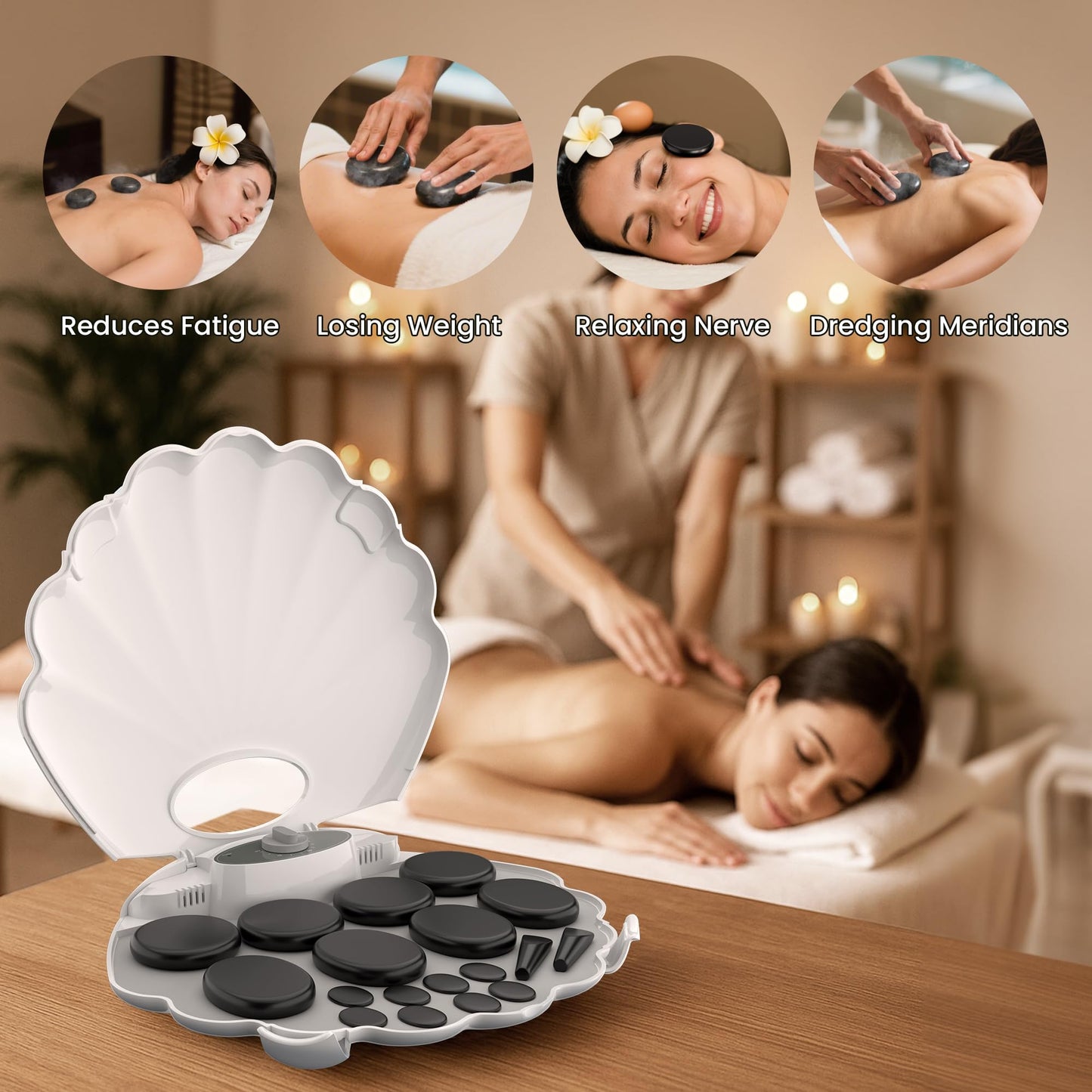 StateRiver Shell Hot Stones Massage Set, 18-Piece Basalt Hot Stones with Heater Kit, Featuring an Elegant Seashell Design for Spa Use. Perfect for Relaxation, Healing, and Pain Relief. (White)