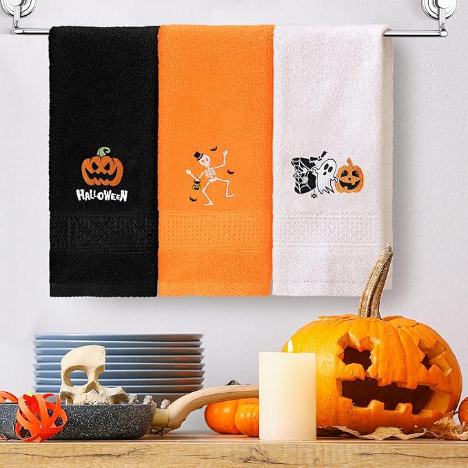 3 Pcs Halloween Hand Towels for Bathroom Embroidered Pumpkin Ghost Skull