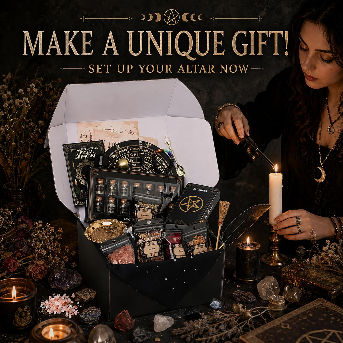 FLgengmh 90 PACK Witchcraft Kit for Beginners, Wiccan Supplies and Tools with Crystals Candles, Witch Altar Spell Set for Rituals,Energy Cleansing, Dried Flowers for Crafts, Witchy Gifts Box for Women