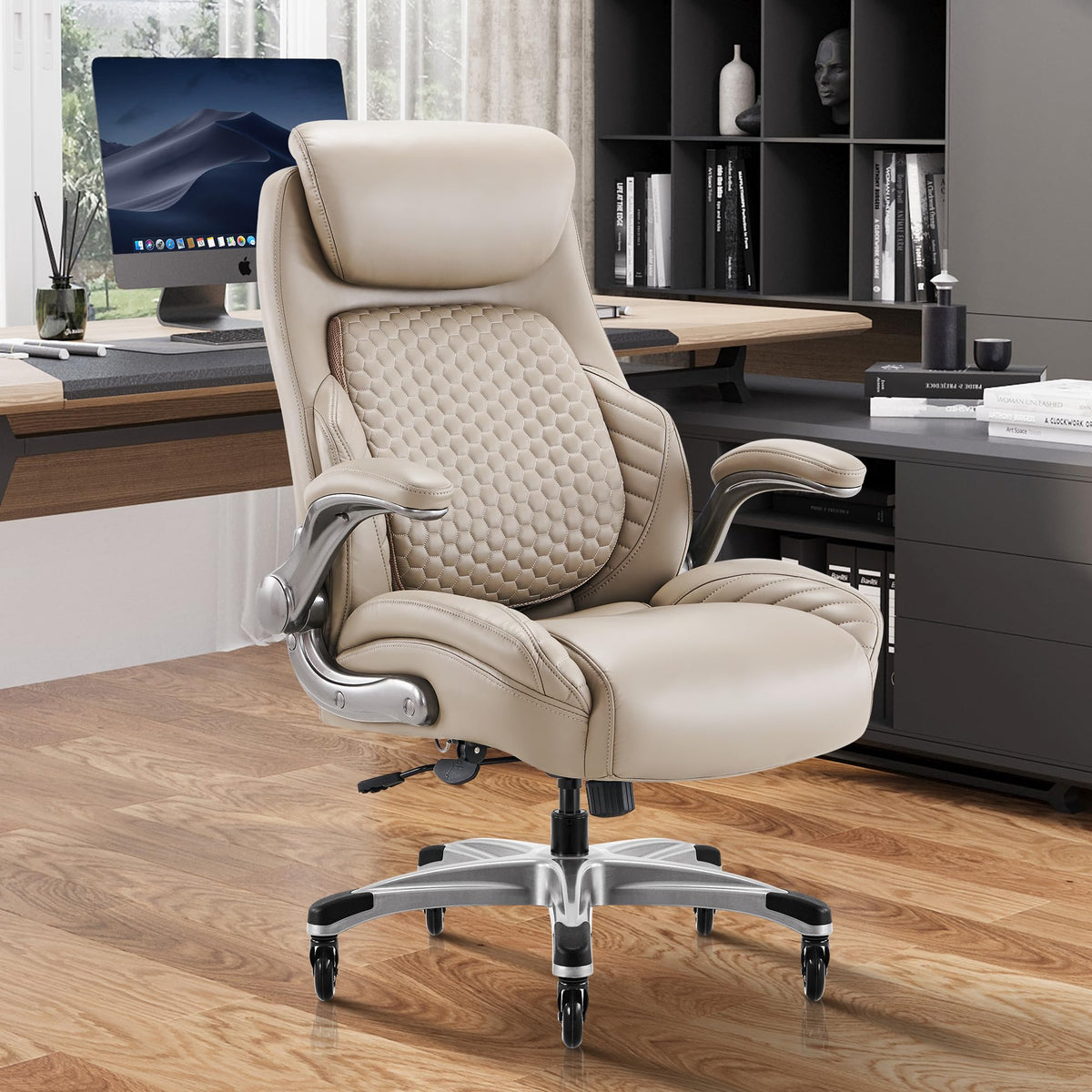 COLAMY Office Chair Ergonomic Desk High Back Executive Chair with Pop-Out Lumbar Support, Upgraded Casters, Adjustable Headrest, Flip-Up Arms, Leather Home with Thick Cushion for Comfort - Khaki