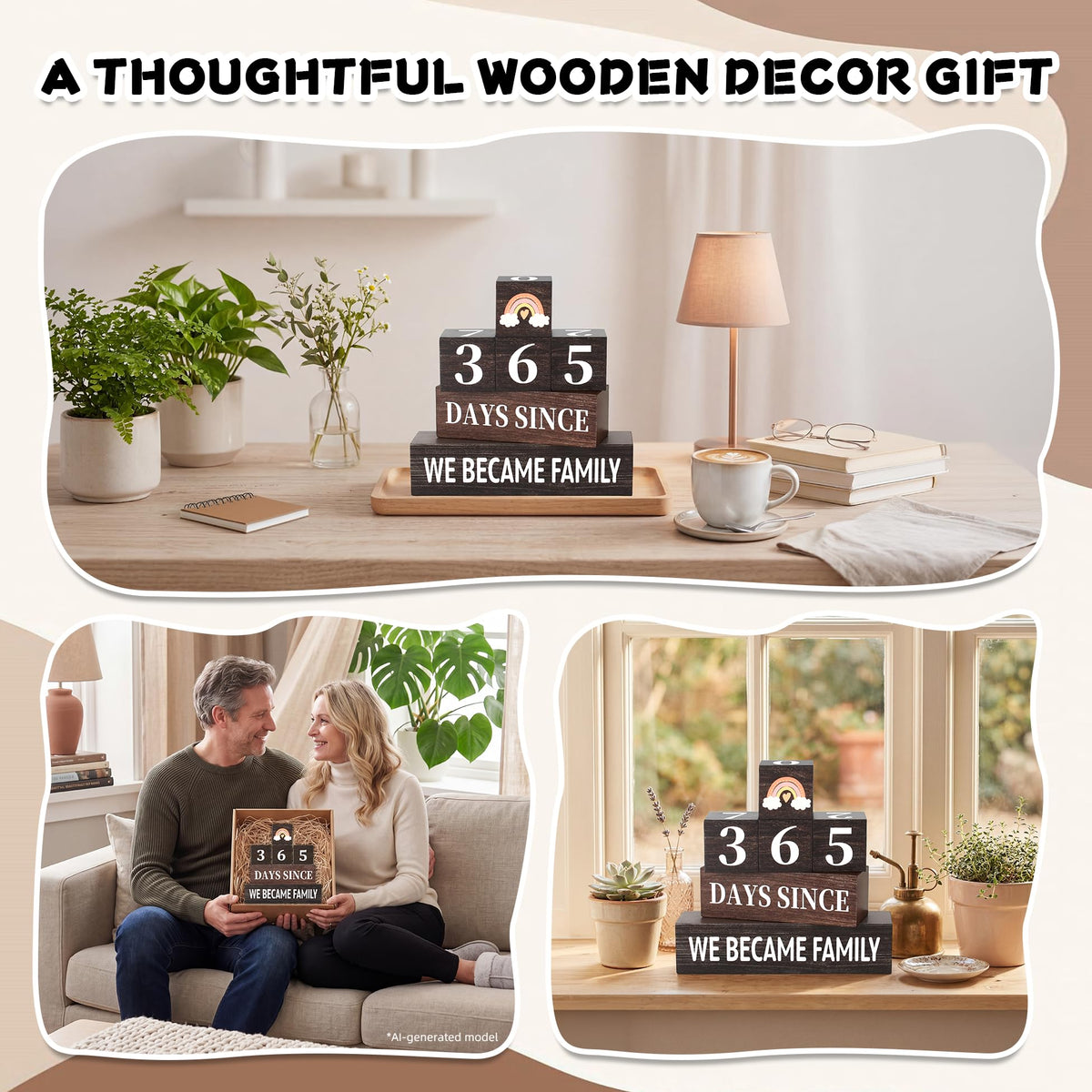 6 Pcs 365 Days Countdown Adoption Wooden Table Decor, Adopt Rustic Table Centerpiece Decorations for Home Office Shelf